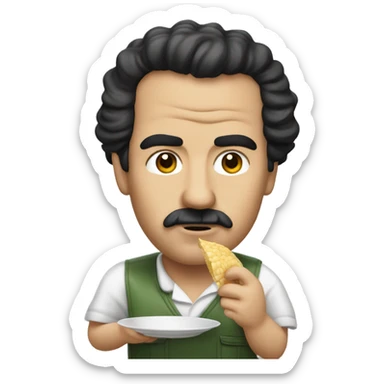 a guy with big forhead looking like Pablo scowar is eating  sticker