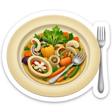 dirty plate from food scraps and vegetable leftovers, small fork and spoon resting on the plate sticker