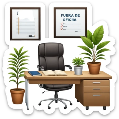 imagen de una oficina moderna con escritorio, silla, notebook, agenda y una planta con un cartel que diga en español FUERA DE OFICINA sticker