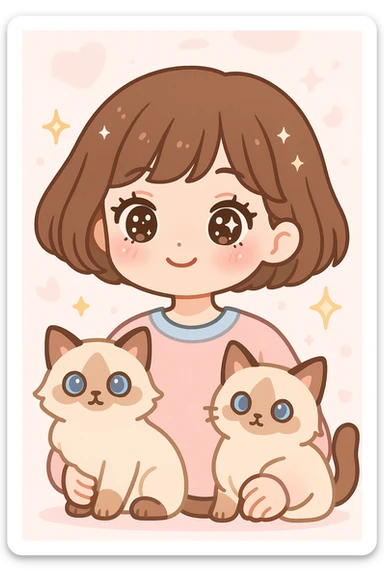 cute girl with short brown hair in soft girl style, wearing makeup, with sparkles and two light brown ragdoll cats, pink dreamy setting sticker