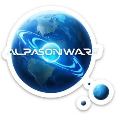 The image is a sci-fi poster with glowing blue text that reads “ALPHA ORIONIS WARS.” A bright blue planet or star glows at the bottom, and the word “STARBLAST” appears below. The design has a futuristic, space-themed look. sticker
