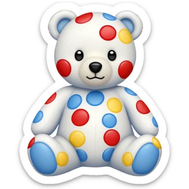 White teddy bear covered with blue, red and yellow spots sticker