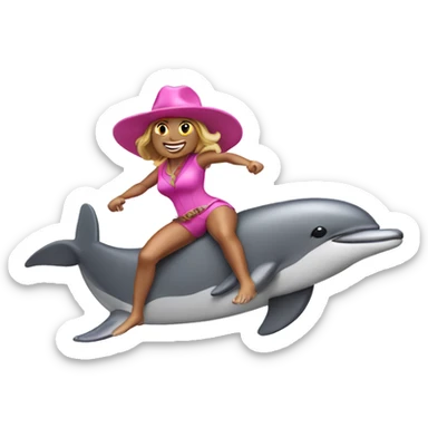 woman surfing a wave on a dolphin with a pink cowboy hat sticker