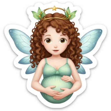 A white pregnant fairy with brown curly hair  sticker