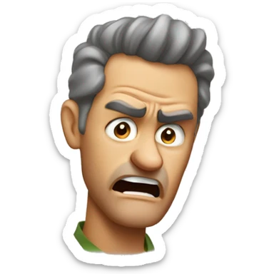 Create an emoji of an Australian dad who looks mad or is shouting. He should have a slightly angry expression with furrowed brows and an open mouth, as if he's shouting. Avoid any smile; instead, show a frustrated or intense expression. sticker