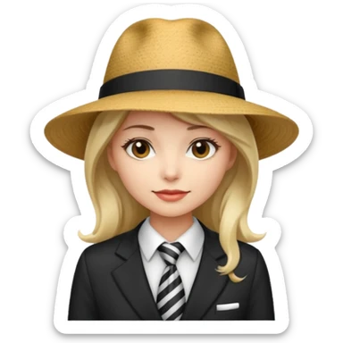 Woman in wide-brim hat & tie sticker