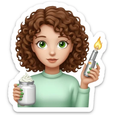 Girl with curly hair and green eyes holding a jar of icing and a lighter sticker