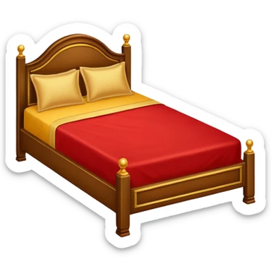 bed with red and gold sheets, wooden sticker