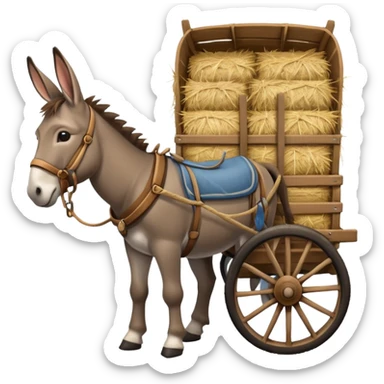 donkey harnessed to a wagon loaded with hay, wagon is large and detailed sticker