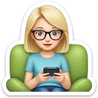 A cute young girl with glasses sitting on a couch, happily playing a mobile phone game sticker
