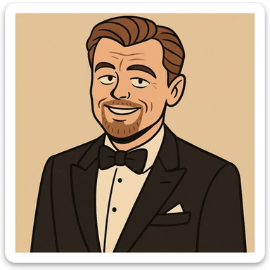 Leonardo DiCaprio in cartoon style, classic tuxedo, charming smile sticker