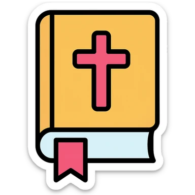 closed Bible with a pink cross on the cover, color outline icon style, with a bookmark ribbon sticker