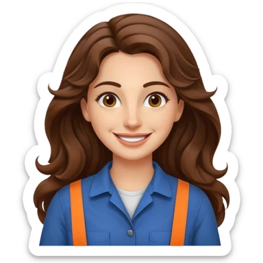 30 yr old italian woman, long brown wavy hair, big brown eyes, huge smile, work clothes, no bangs,  sticker