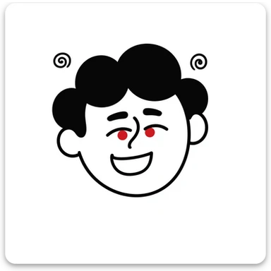A hand-drawn face with squinted red eyes, a silly grin, and small spirals around the head to indicate being stoned sticker