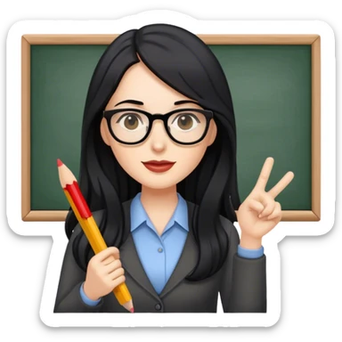pale female teacher with long black hair, wearing glasses teaching Spanish sticker