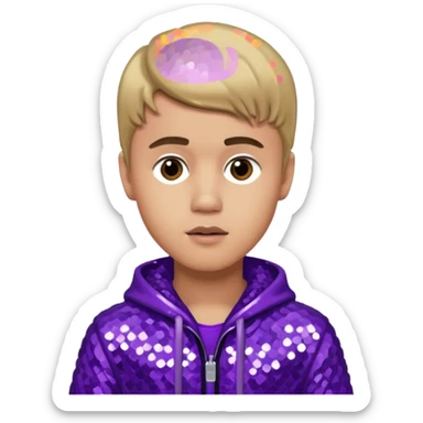 Justin Bieber with light skin, dark blonde hair, purple sequin outfit sticker