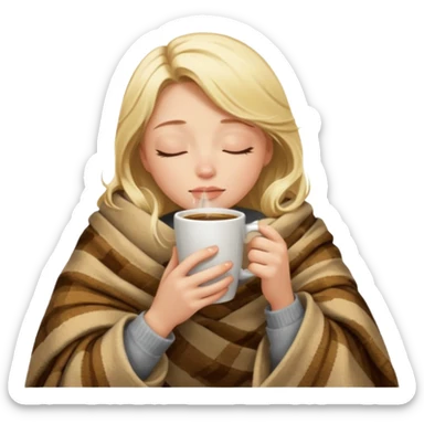 Blonde girl inside a blanket sipping coffee eyes closed sticker