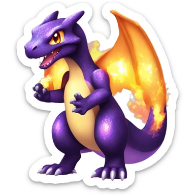 Black shiny sparkly chibi Charizard-Raptor-Fakémon with purple flame on tail full body sticker