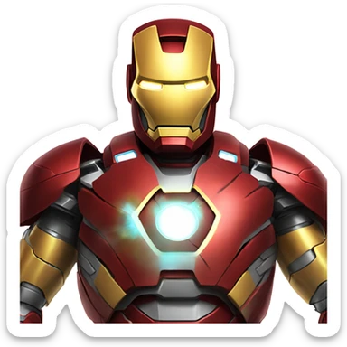 iron man in his red and yellow armour woth a glowing arc reactor sticker