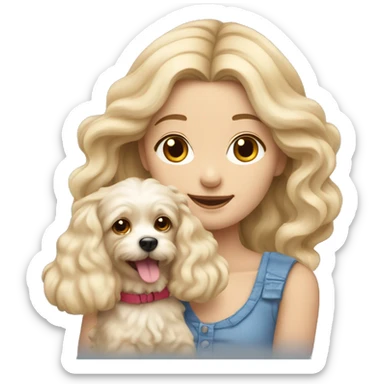 blonde long wavy hair girl holding a cute maltipu dog with short ears wavy fur sticker