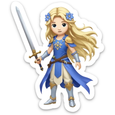 Lumine (from Genshin Impact) White and golden, blonde, long-haired, with a pastel-indigo flower in hair and with a sword (full body) sticker
