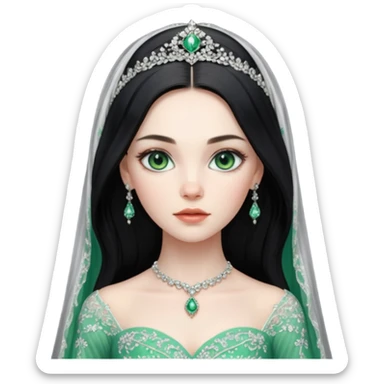 Hyper Realistic ornate ballgown long sleeve Wedding dress with diamanté on Russian bride with pale skin and green eyes and long black hair with veil hyper realistic  sticker