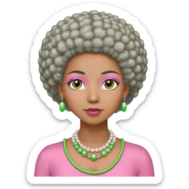 Brown woman with very short gray Afro  wearing pink and green outfit and pearl necklace  sticker