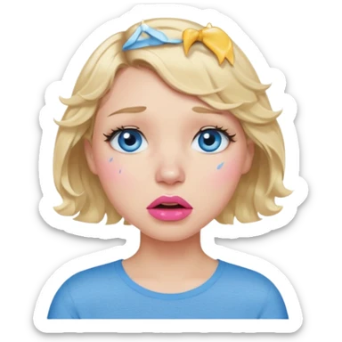 Girl Blonde short wavy hair,  blue eyes, cute blue top, long lashes, pink lips,crying with big tears running down the face  sticker