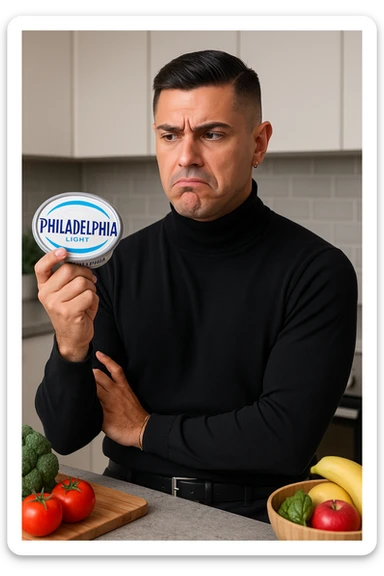 a man stands in his kitchen, holding a tub of Philadelphia Light cream cheese in one hand. He looks at it with a skeptical, slightly disapproving expression, eyebrows furrowed and lips pursed. The background shows a modern kitchen with healthy food options visible on the counter, emphasizing his awareness of better choices. The mood is reflective and subtly critical. sticker