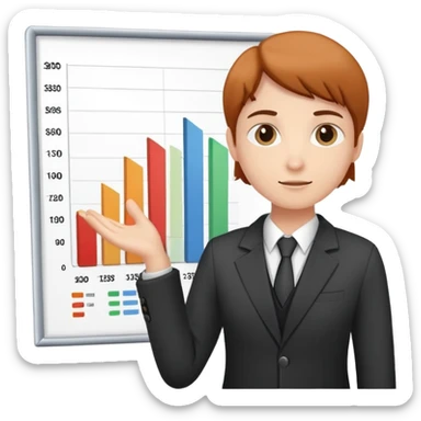 person presenting in front of a simple chart or graph, wearing a blazer and a confident posture sticker