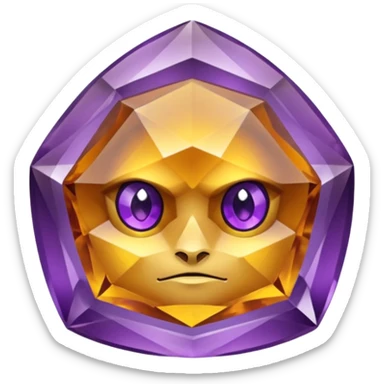 Single gemstone amethyst character, warm golden citrine, squat and heavy like a rock, with carved facets with eyes sticker