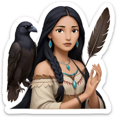 Cinematic Realistic Pocahontas Portrait, depicted with lifelike skin texture, soft natural lighting, and intricately detailed long, flowing raven-black hair that moves gracefully in the wind. Her deep, soulful dark brown eyes exude wisdom and strength, complemented by a serene yet powerful expression. She is shown gently holding a feather in one hand, her other hand resting lightly at her side, embodying the harmonious balance between nature and herself. She is dressed in her classic one-shoulder native American dress, with rich fabric textures and delicate beaded details that catch the light beautifully. The portrait features a soft, sun-kissed glow with a natural, radiant finish, capturing the essence of untamed beauty and deep connection to nature in a realistic and painterly style, evoking a sense of depth and authenticity. sticker