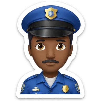 A police officer with dark skin tone, wearing a dark blue police cap with a silver badge in the center, short black hair mostly covered by the cap, large brown eyes, a small black mustache, and a neutral expression. sticker