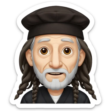 Jewish elderly man emoji with long dread hair on the sides and jewish hat, long big nose and crooked teeth sticker