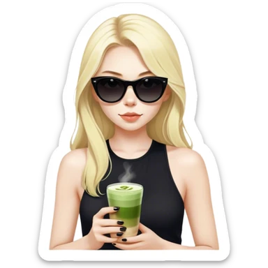 Blonde girl with pale skin and long hair with black cat eye sunglasses in black tank top and matcha latte sticker