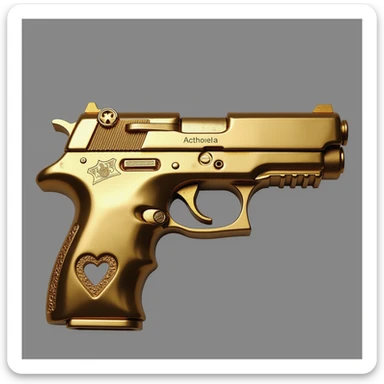 photorealistic gold pistol with a glossy finish, no heart shapes or motifs, white background sticker
