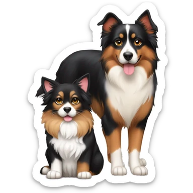 A calico cat next to a black and tan Australian Shepard dog sticker