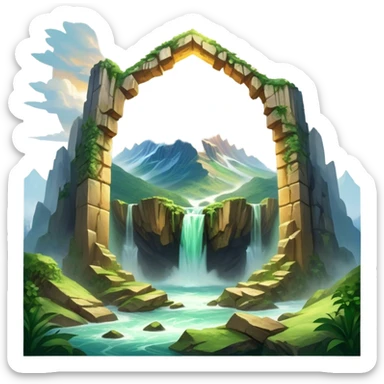 A breathtaking view of a massive mountain split perfectly in half, revealing a glowing mystical core inside. The jagged edges of the split rock are illuminated by a soft golden light emanating from the mountain's heart. The scene is set in a vast landscape with a dramatic sky filled with swirling clouds and beams of sunlight breaking through. Small waterfalls cascade from the edges of the broken mountain, creating a surreal and magical atmosphere. The surrounding environment consists of lush greenery, scattered ancient ruins, and mist rising from the depths of the split. sticker