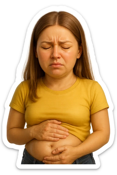 emoji stile iphone di donna con mal di pancia e pancia gonfia, iperrealistico 4k sticker