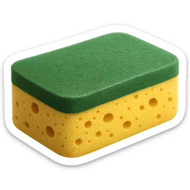Show only one rectangular kitchen sponge with rounded edges. Dual-layer: soft, porous yellow base and green scrub layer on top. Texture is slightly springy and detailed, with tiny holes and surface grain. No soap, water, hands, or background elements, no faces. Clean, natural 3D rendering, soft lighting, subtle shadows, transparent background, emoji scale, optimized for clarity, texture, and recognizability at small size. The style should be clean and natural 3D rendering with soft lighting and subtle shadows, optimized for emoji scale. sticker