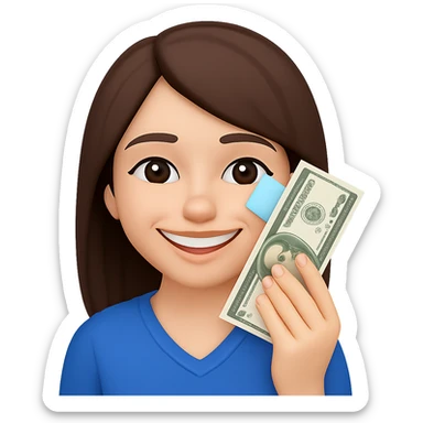 Make the brunette girl smile instead, drying her tears with money bills, close-up, in emoji style, no background. sticker