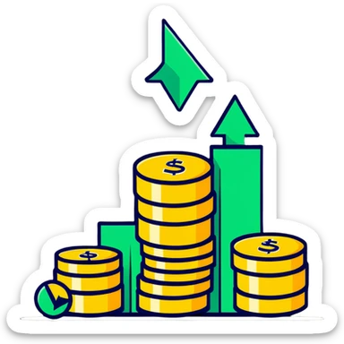 green upward arrow next to three stacks of gold coins in ascending height sticker
