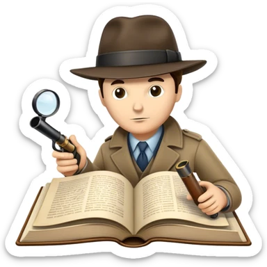 Icon for Detective Reading: an open book with text and a magnifying glass on the pages, a classic detective hat and a pipe, surrounded by clues like footprints, a revolver and a notepad. The icon should represent the mystery and intrigue of detective stories. Transparent background. sticker