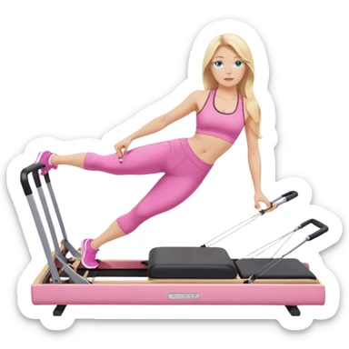  long blown out blonde hair woman blue eyes wearing pink workout set doing pilates reformer sticker