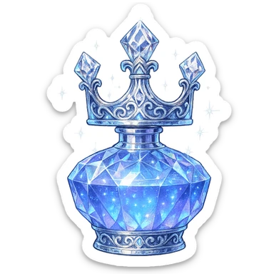crown-shaped ultra luxurious elixir bottle, color #7986cb, multi-layered holographic and silver details, intricate crystal facets, magical radiant glowing and sparkling effects, seamless ornate bottom, very small neck, transparent background, floating clearly in air, not standing, no base or shadow, modern, extremely beautiful, matching a collection sticker