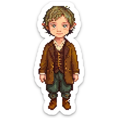 Whole body image of bilbo baggins from the hobbit movie in pixel art style. Bilbo is younger. Make Bilbo look like the actor that portrayed him in the movie, Martin Freeman. Bilbo is wearing the same outfit he was wearing when he left the shire with Thorin Oakenshield. sticker