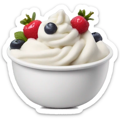 Frozen yogurt in a white bowl with toppings sticker