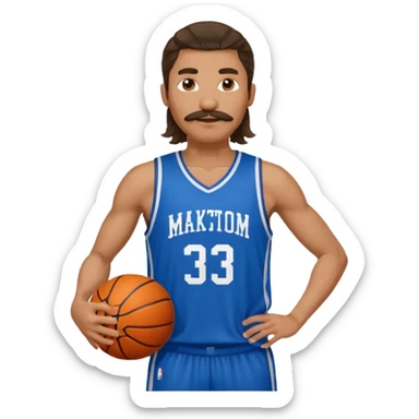 long haired man basketball player blue jersey with mustache holding basket ball sticker
