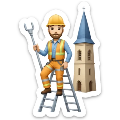 steeplejack man light skin with a beard on a ladder that's beside a spire sticker