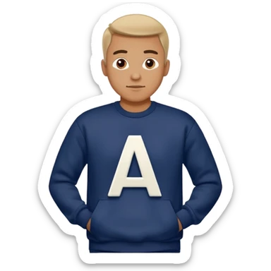 man wearing a navy sweatshirt with a giant white letter A on the upper right of the chest sticker